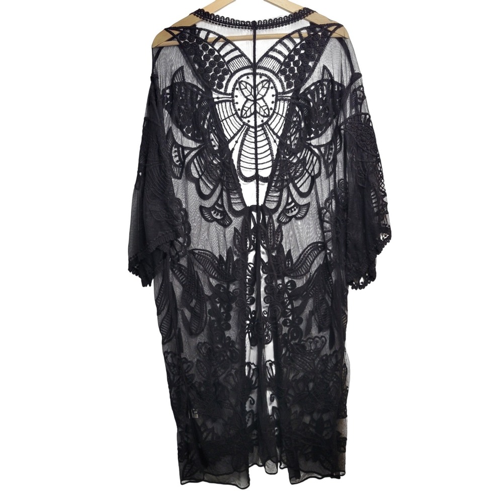 Odiva Butterfly Embroidered Mesh Kimono Women One Size Black Sheer Boho Long